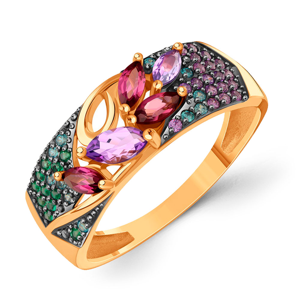 Damenring, Russisches Rotgold 585, mit Amethysten, Rhodolithen und mehrfarbigen Zirkonia, Ringbreite ca. 8 mm