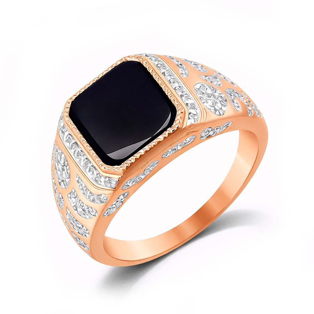 Herrenring aus Rotgold 585,mit  Zirkonia und Onix, Gewicht 6,15g