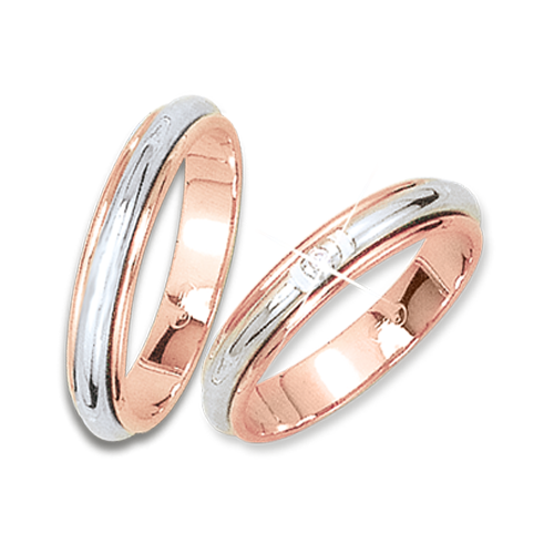 Trauringe "Ring-im-Ring-Konstruktion", Russisches Rot-/Weißgold 585, mit Brillant ca. 0,02 ct. HSI, Breite ca. 4,0 mm. Der Preis gilt für einen Ring.