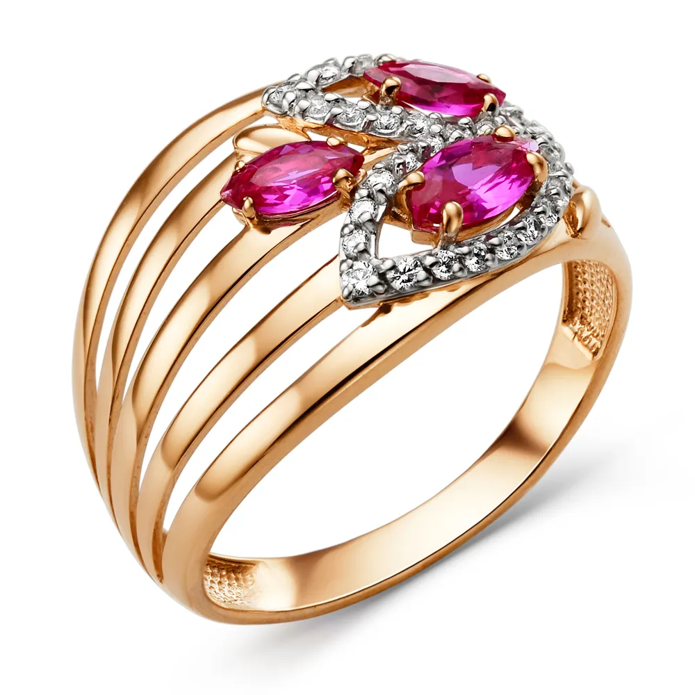 Damenring, Russisches Rotgold 585, mit Zirkonia und Korund, Breite ca. 13 mm