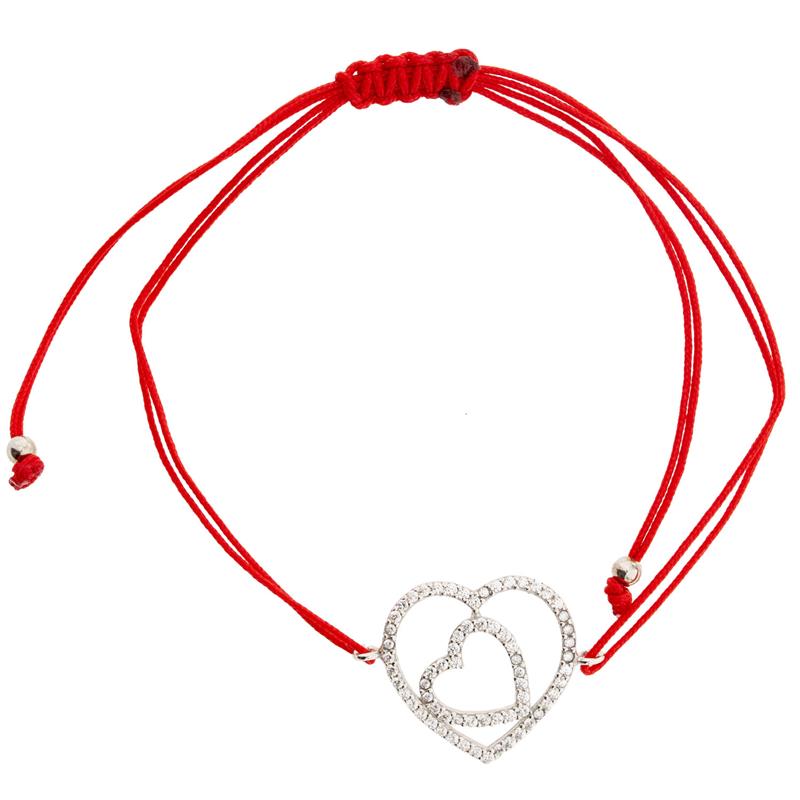 Fadenarmband in Rot mit Doppelherzanhänger aus 925 Silber mit Zirkonia
