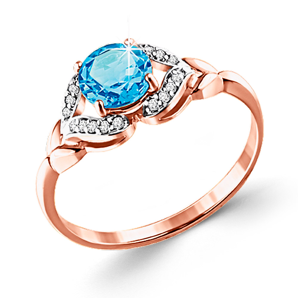 Damenring aus 585er Rotgold mit blauem Topas, Ø ca. 6 mm und Zirkonia