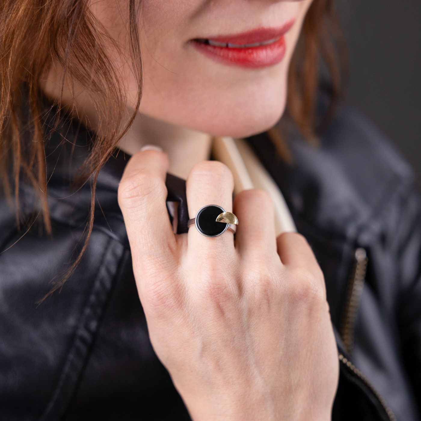 Eleganter Damenring, Silber 925, dekoratives Element - vergoldet in Gelbgold, mit Onyx