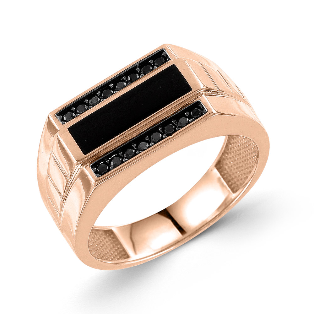 origineller Herrenring, Rotgold 585, mit Onyx und Zirkonia.