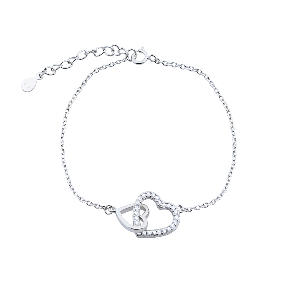 Doppelherz-Armband aus 925 Silber mit farblosen Zirkonia, 20 cm