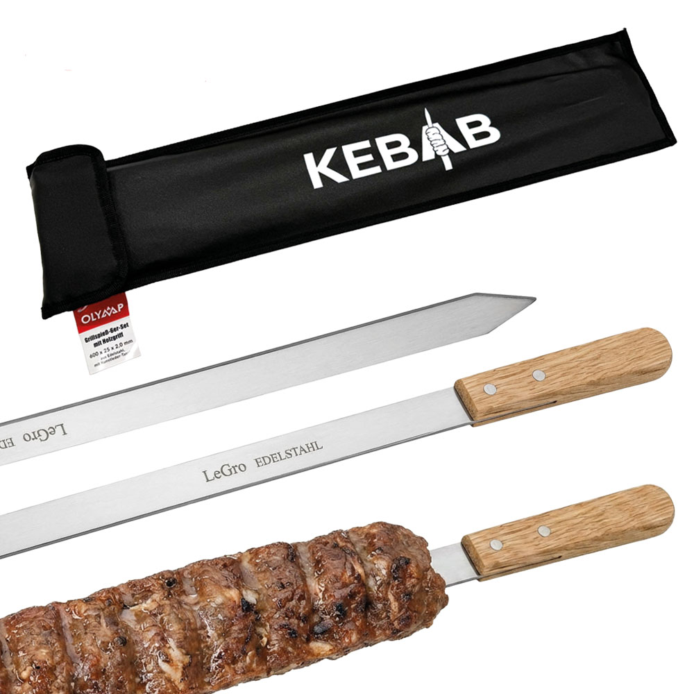 Grillspieß-6er-Set für Kebab aus Edelstahl mit Holzgriff und Kunstledertasche, 60 cm