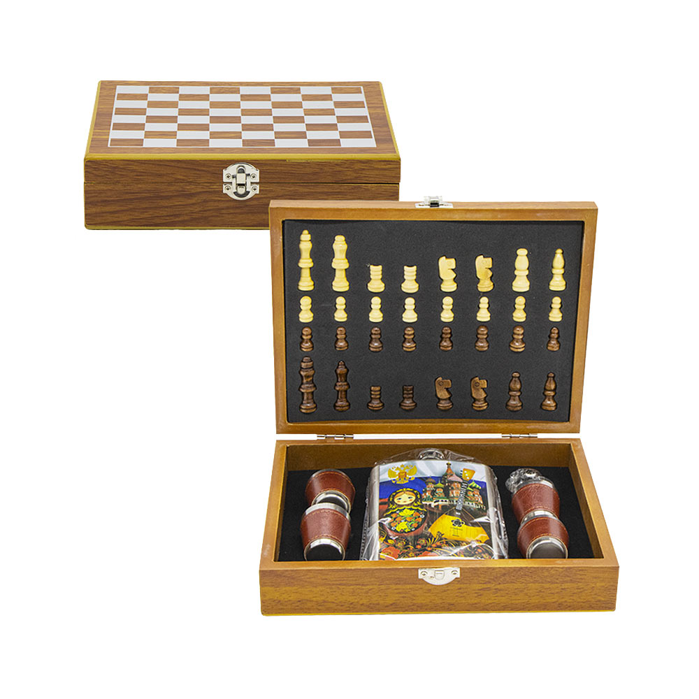 Flachmann-Set "Matrjoschka" aus Edelstahl, 240 ml. inkl. Schachspiel