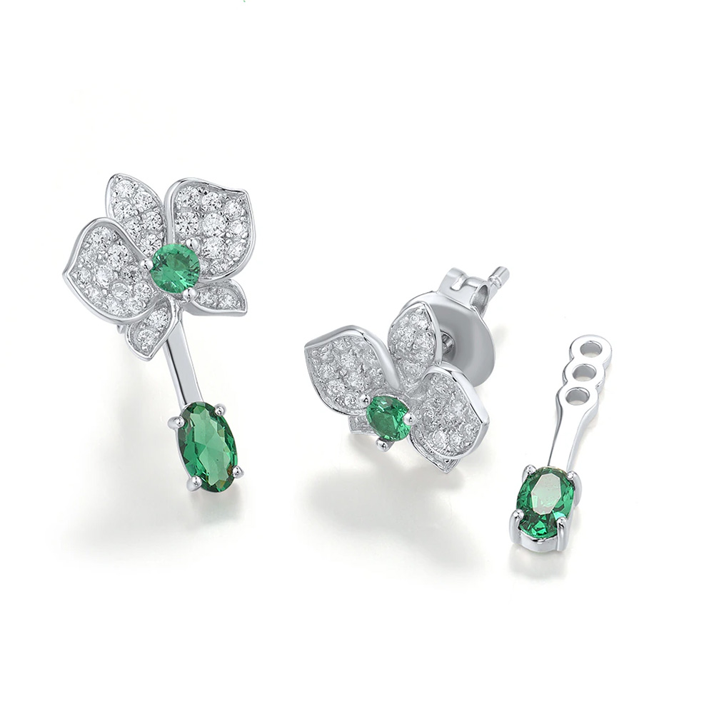 Blumen Ohrstecker aus 925 Silber mit farblosen Zirkonia und grünen Spinellen