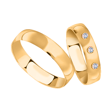 Trauringe, Gelbgold 585, Nr. 9344g/TR - mit Brillanten 0,06 ct. HSI, Breite ca. 4 mm, Nr. 655g/TR - ohne Brillant, Breite ca. 4 mm, mit glänzender Oberfläche. / Preis für je 1 Ring