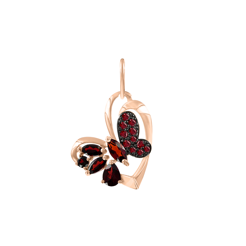 Anhänger Herz und Schmetterling, Rotgold 585, mit Granaten und Zirkonia, Höhe ca. 22 mm