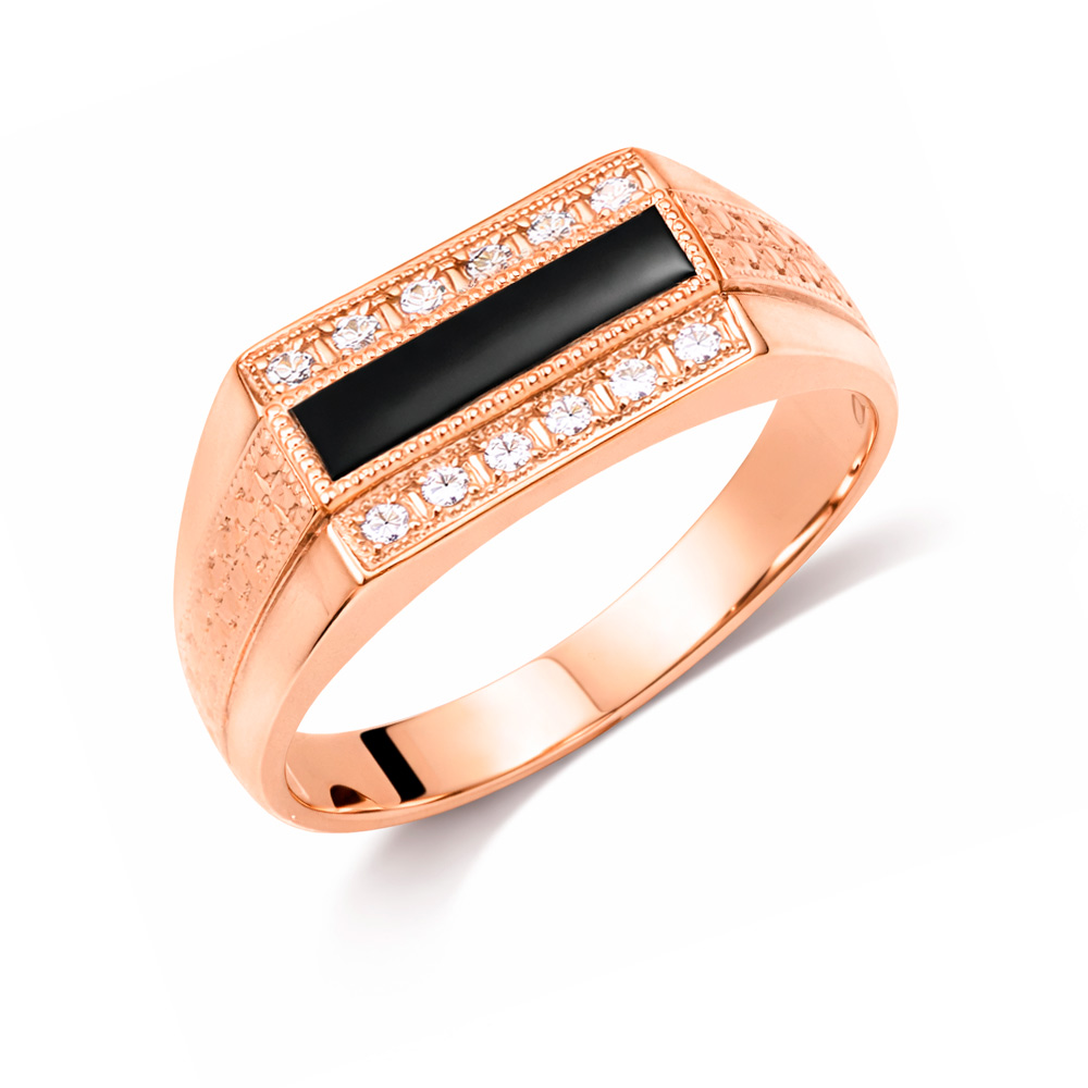 vortrefflicher Herrenring, Rotgold 585, mit Onyx und Zirkonia.