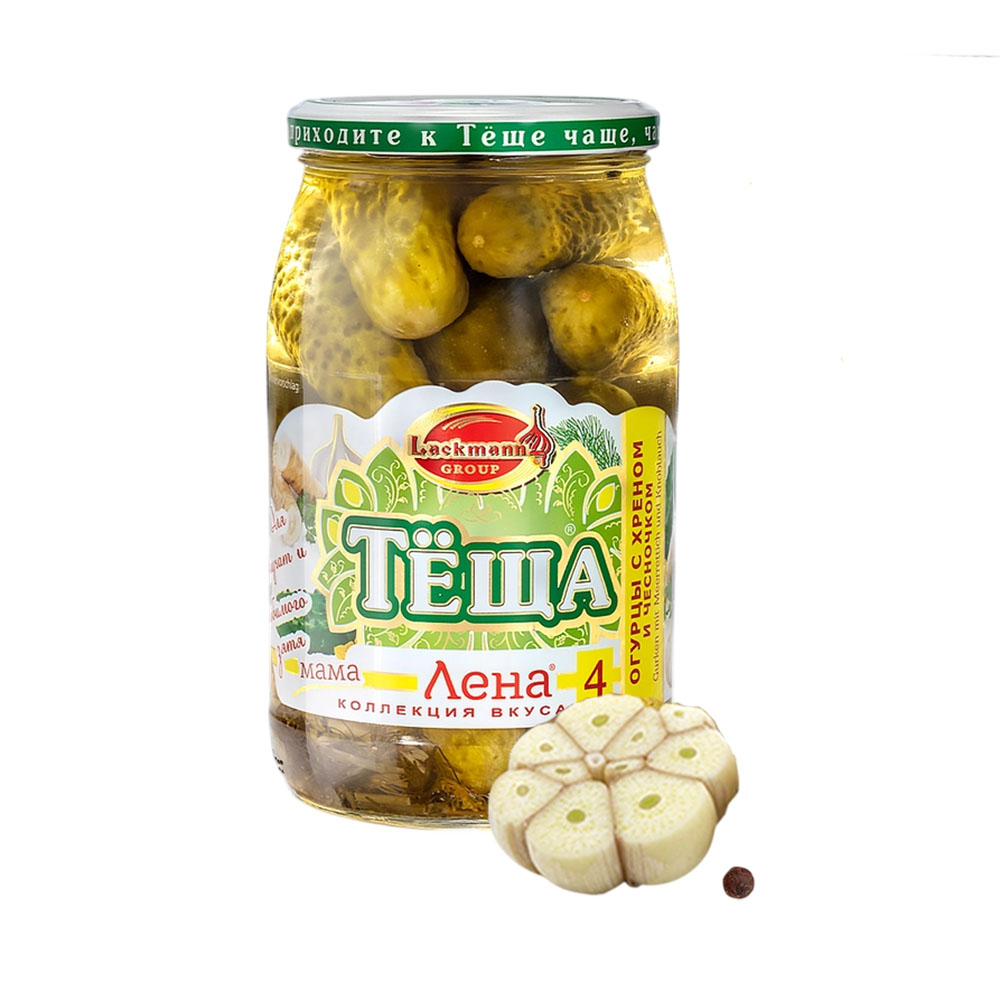 Lackmann Eingelegte Gurken "Schwiegermutter" mit Knoblauch und Meerrettich, 880 ml