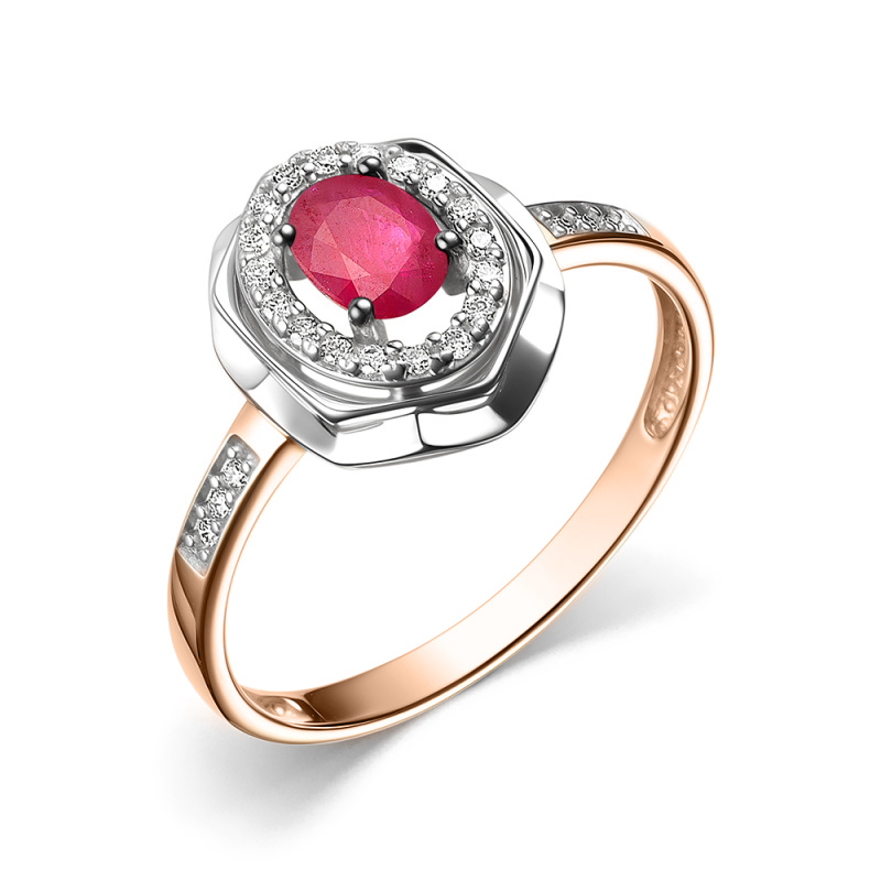 Damenring, Russisches Rot-/Weißgold 585, mit Rubin ca. 0,406 ct. HTS (1 st.) und Brillanten ca. 0,120 ct. HSI (24 st.)