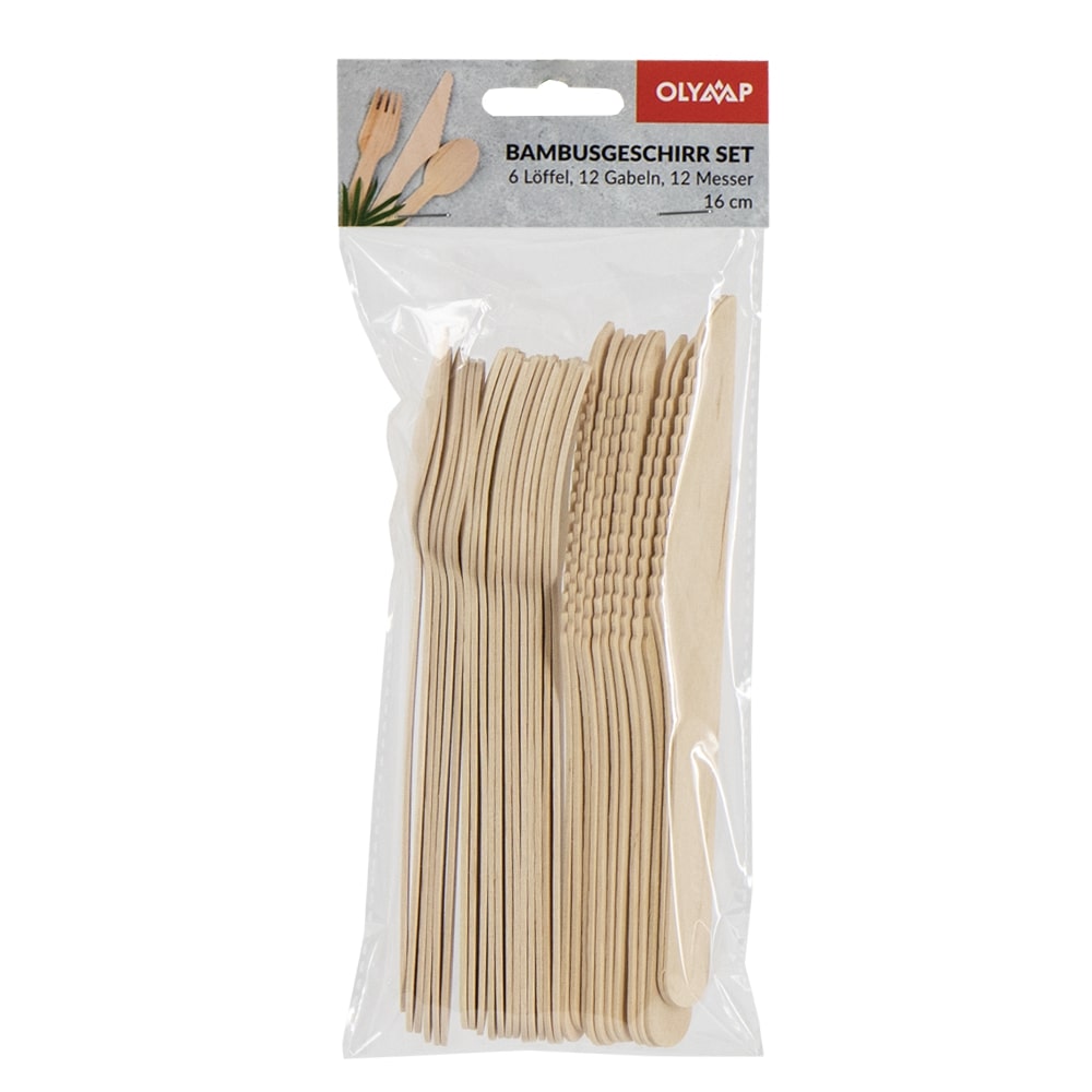 Olymp Einweg-Bambusgeschirr-Set 6 Löffel, 12 Gabeln, 12 Messer