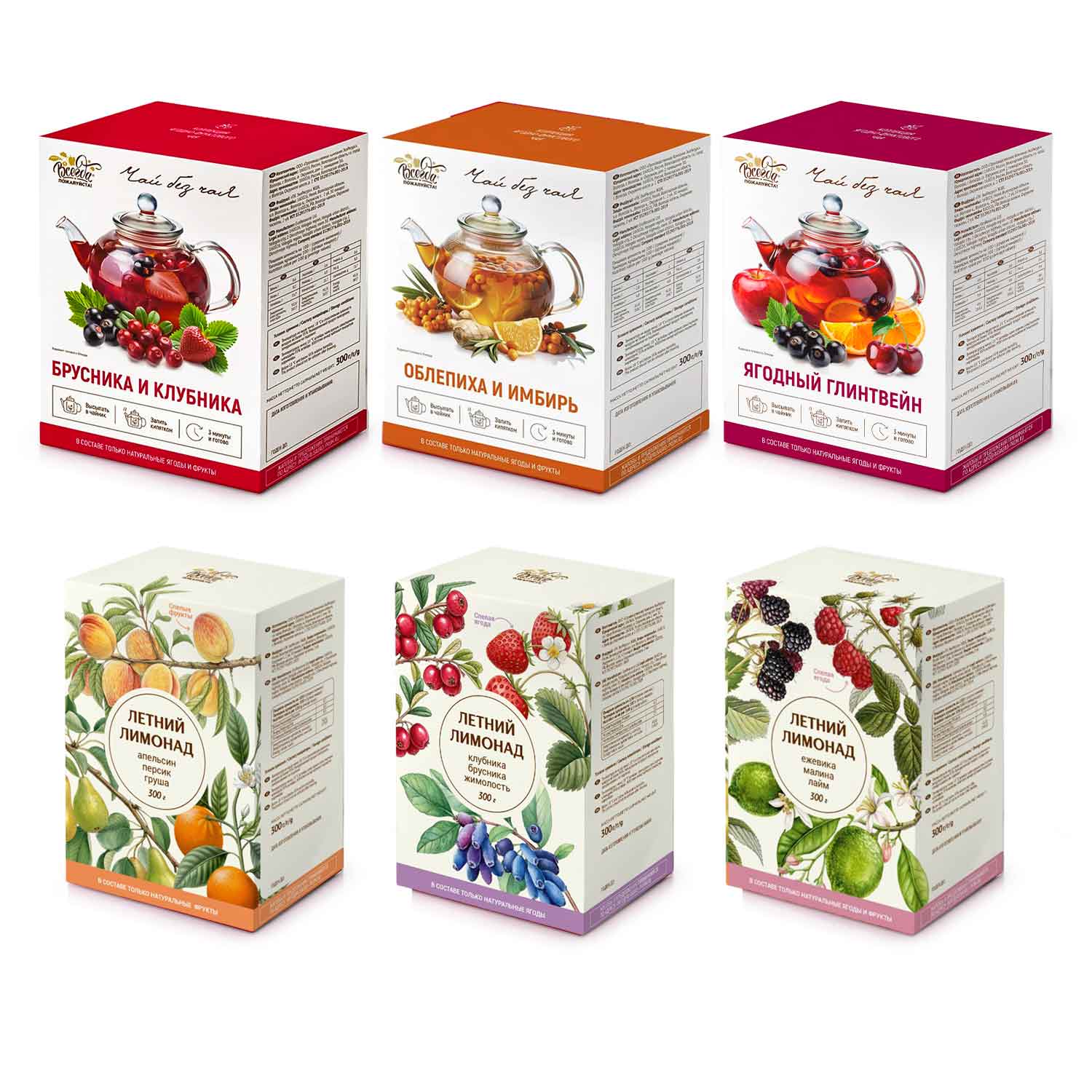 Fruchtgetränke-Mix Set – 6 Sorten Tee & Sommerlimonade aus Beeren & Früchten (6x300g)